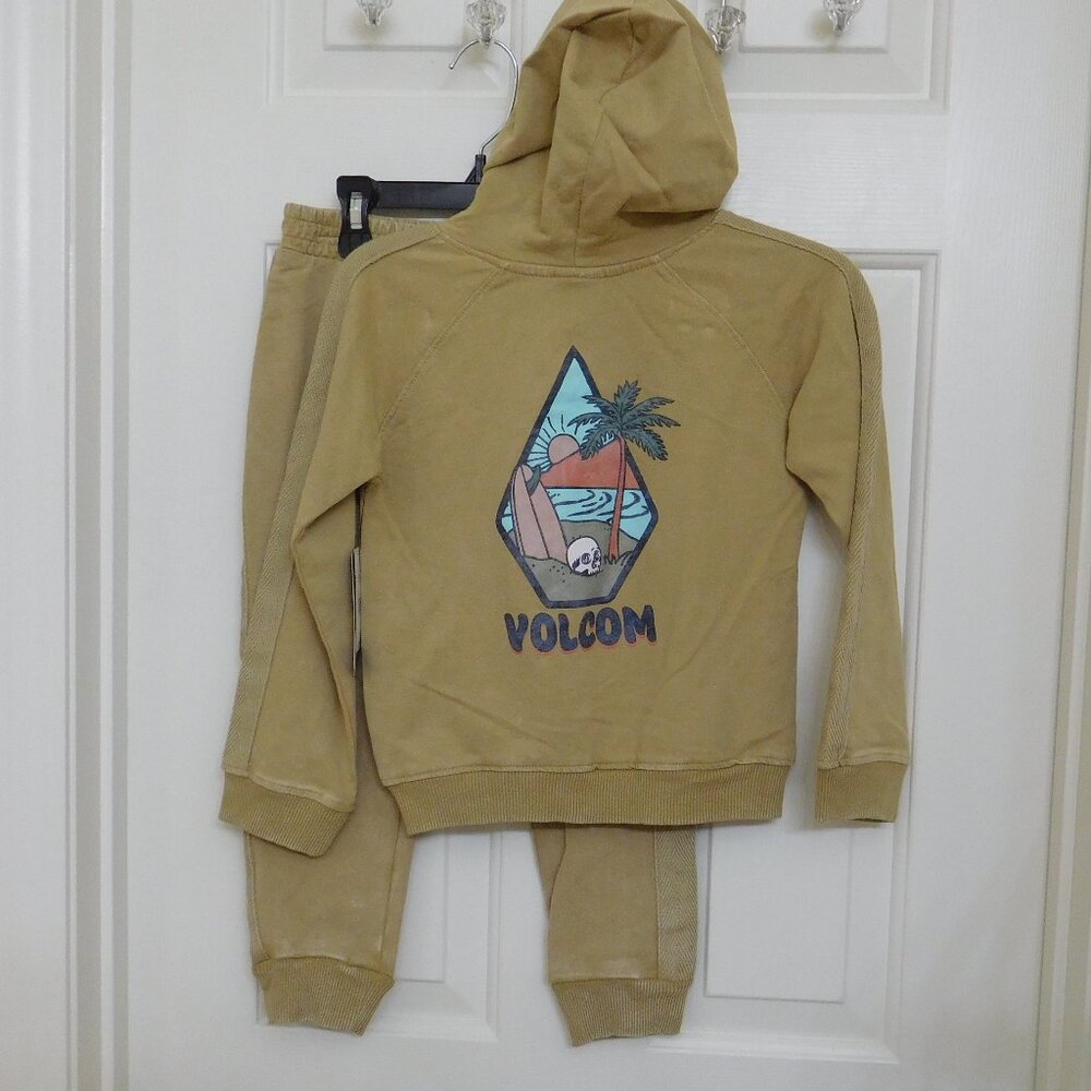 NWT 2pc Volcom Beige Hooded Sweatshirt Skull Island & Joggers Set sz 5
